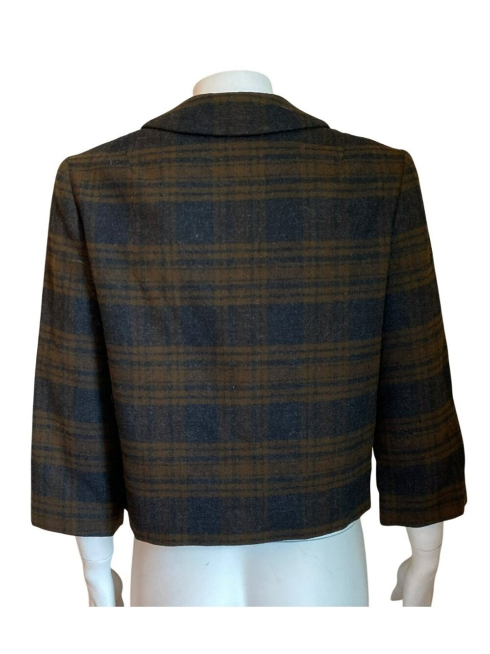 Pendleton Wool Plaid Jacket Blazer 3/4 Sleeves Brown Black Classic 60s 70s Small - Picture 3 of 9